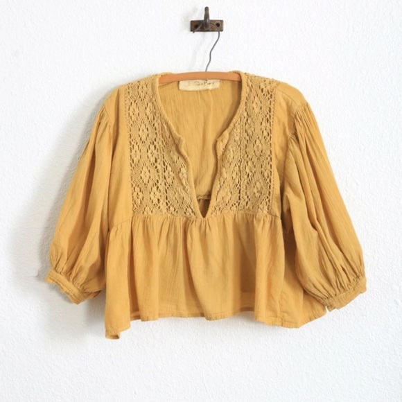 Jen's Pirate Booty Tops - Jen's Pirate Booty X Free People mustard yellow cotton gauze crop top Sz. M